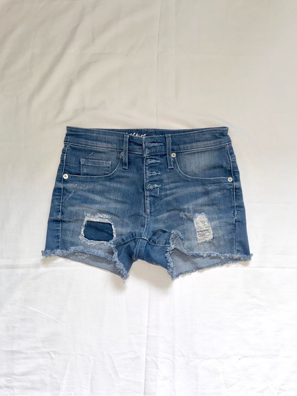 Mossimo Distressed High-Rise Denim Shorts 82% Cotton Sustainable Patchwork